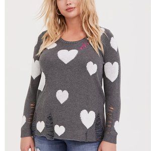TORRID BARBIE GREY HEART DISTRESSED PULLOVER SWEATER XL